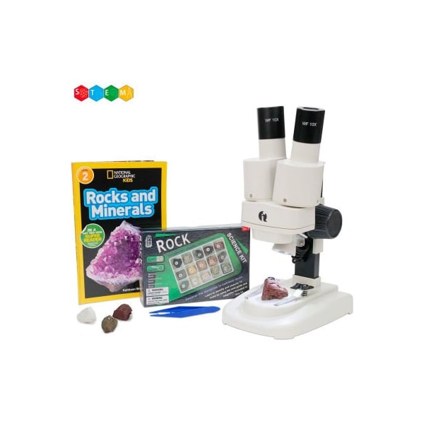 United Scope. AmScope 20X-50X Kid's Deluxe Stereo Microscope with Rock, Mineral Kit, Dual-Illumination SE102LED-15A-NGRK-TW - main